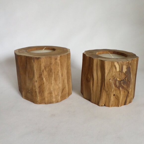 NEW 4.25” x 6" BARKLESS TREE SOLID WOOD LOG RUSTIC CABIN CANDLE HOLDERS - Picture 2 of 8